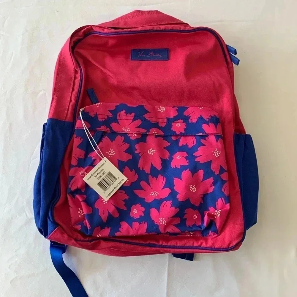Vera Bradley blue and pink large color block backpack art poppies backpack NWT
